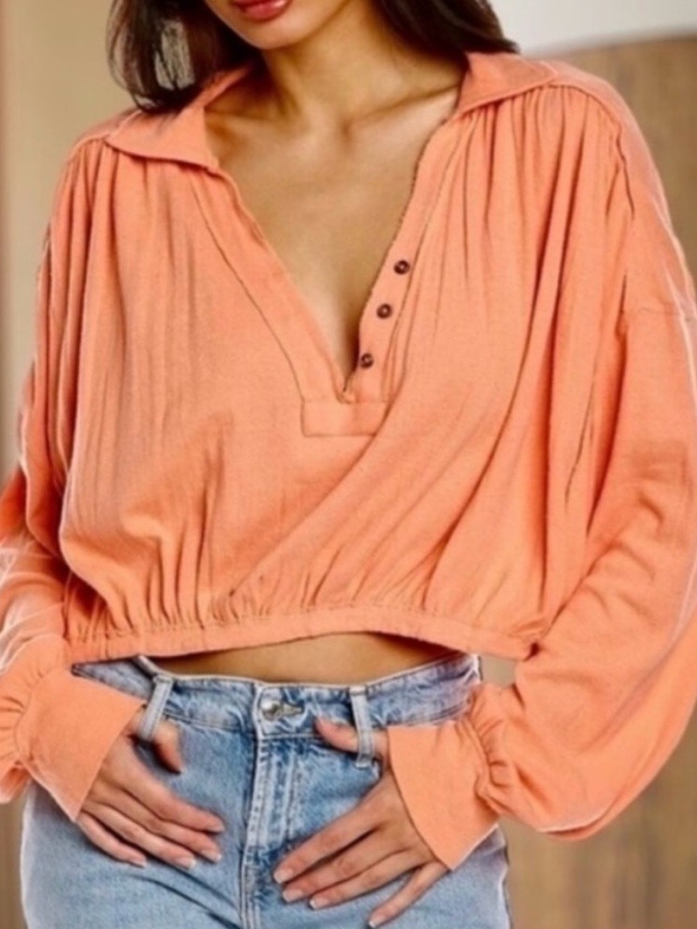 Free People We The Free Darren top billowy cropped peach deep v-neck medium